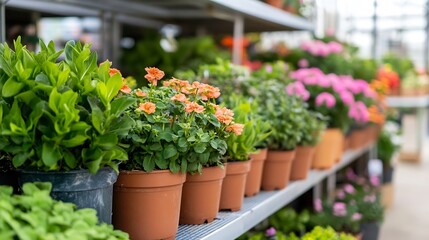 Vibrant Potted Flowers in Garden Center Showcasing a Beautiful Range of Colors and Types : Generative AI