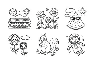 This set of black and white coloring pages features adorable cartoon characters and scenes.
