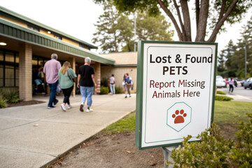 A sign outside a building indicates a lost and found service for pets, with people walking by, highlighting community efforts to reunite pets with their owners.