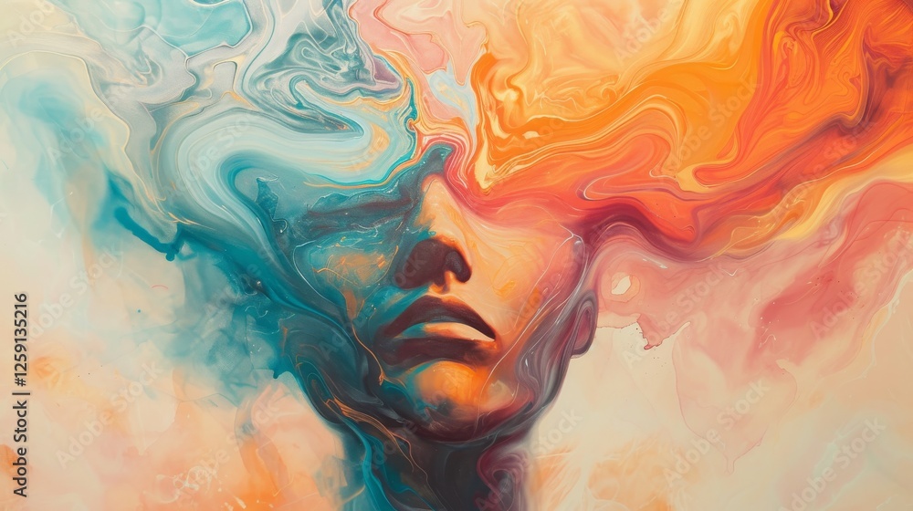 Poster stunning abstract portrait blending vibrant swirls of color to create a face, symbolizing emotion an