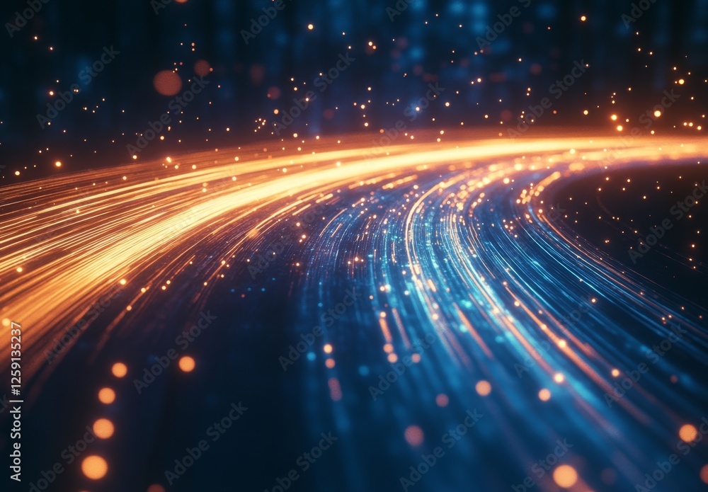Poster abstract digital pathway with glowing lines, particles, and bokeh effects, for technology background
