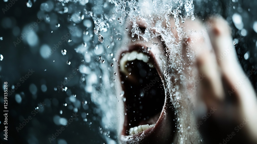 Poster Intense Close Up of Person Screaming Behind Water Splash with Raw Emotion Displayed : Generative AI