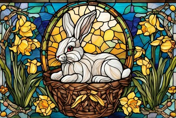 Easter bunny in a basket, yellow spring flowers stained glass illustration 