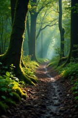 Obraz premium Muddy forest path with moss-covered trees and fallen branches, texture, moss