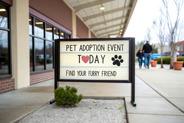 A sign promoting a pet adoption event today, inviting people to find their furry friends at a local venue.