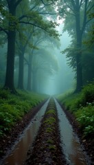 Obraz premium Muddy road with overgrown trees and foggy atmosphere, nature, texture, foggy