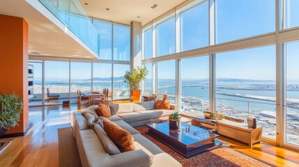 Fototapeta premium High-end presidential suite with a grand living area, plush furniture, and panoramic city views.