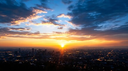 Obraz premium Breathtaking sunset view over city skyline with dramatic clouds and golden hues : Generative AI