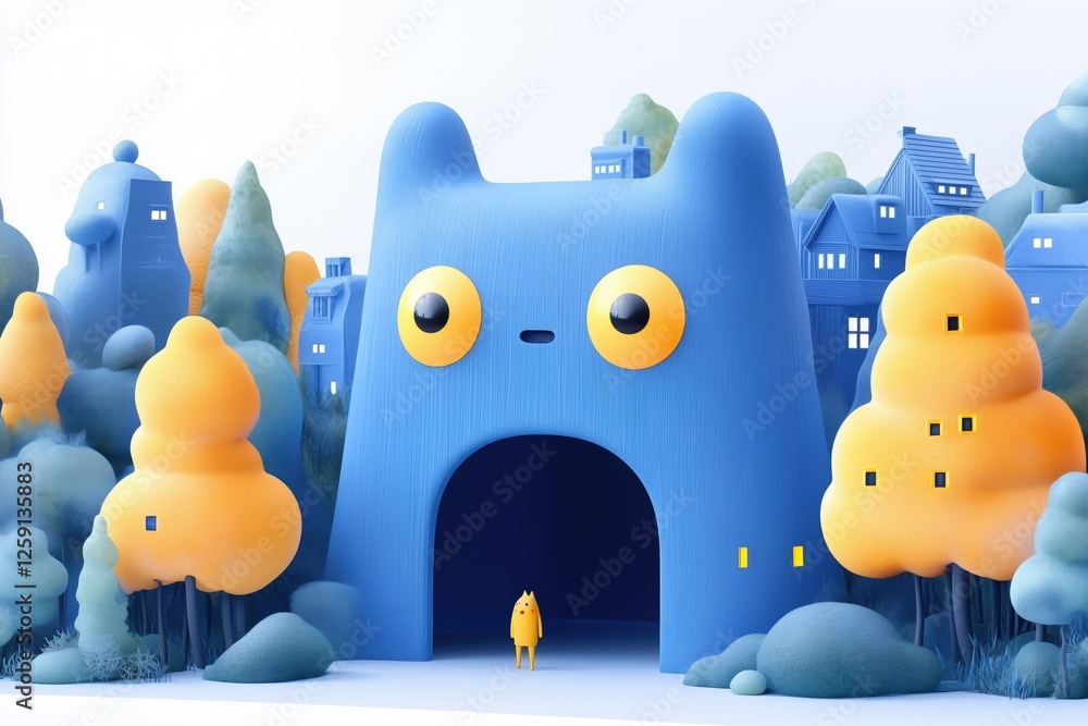 Poster a whimsical blue structure resembling a cat with large yellow eyes, set in a colorful landscape of s