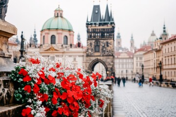 A university study abroad program where students are exploring a historic European city