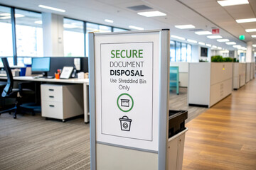 A sign in an office setting indicates secure document disposal, emphasizing the importance of confidentiality and safety.