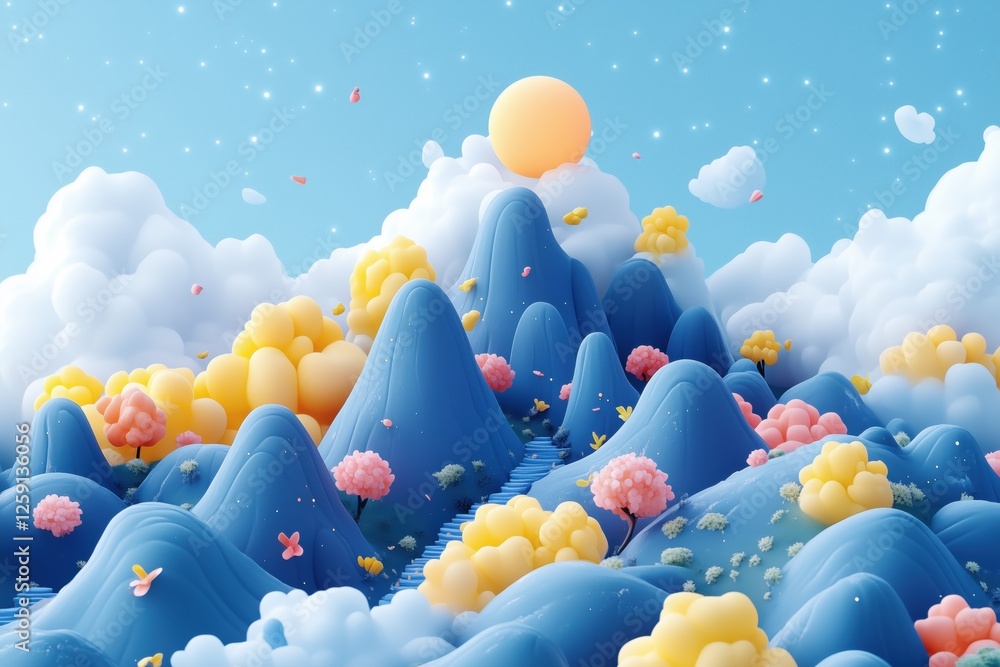 Poster a whimsical landscape featuring colorful mountains and fluffy clouds under a bright sun. the scene i