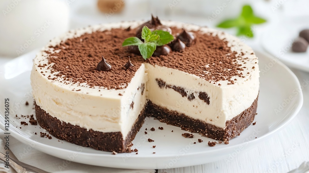 Poster creamy chocolate mousse cake finished with cocoa and mint garnish : generative ai
