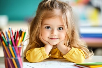 A young child learning vocabulary by matching words with pictures in a workbook