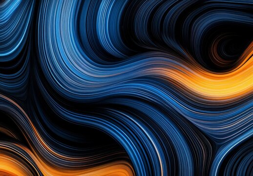 Abstract swirling lines of blue and orange on black background