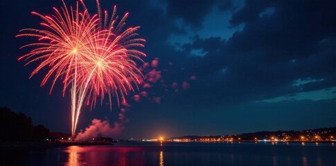 New Year fireworks exploding in the night sky, evening, new year