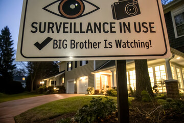 A sign indicating surveillance use with a warning that "Big Brother Is Watching" near a well-lit house at dusk.