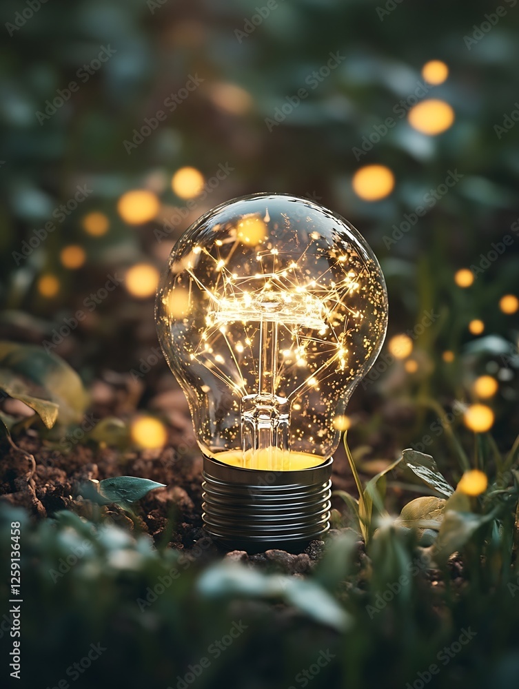 Aufkleber glowing light bulb with magical sparkles and nature elements in the background : generative ai