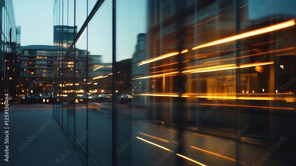 Poster Dynamic City Lights Reflecting Off Glass Building in Urban Setting : Generative AI
