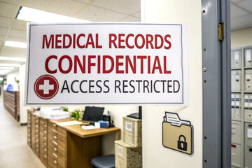 A sign indicating that medical records are confidential and access is restricted, located in an office environment.