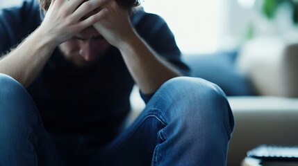 Stressed Young Man Holding Head in Despair Seated on Couch : Generative AI