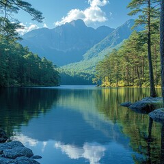 Naklejka premium Serene Mountain Lake Reflecting Majestic Peaks And Sky