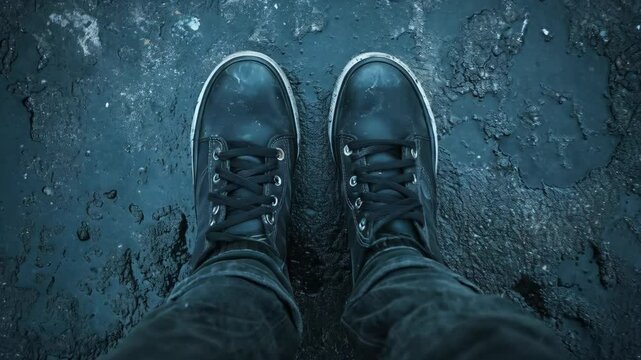 Close up of unrecognizable person legs wearing old black sneakers and black jeans on wet asphalt. Concept of worn out footwear and seasonal inappropriate shoes needing replacement