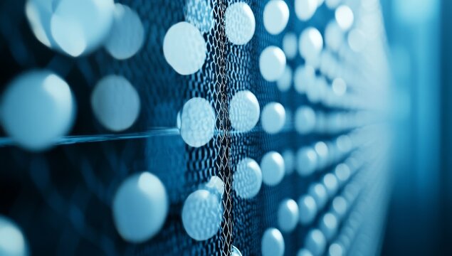Abstract close-up of futuristic wall with spheres and grid, data center concept - Powered by Adobe