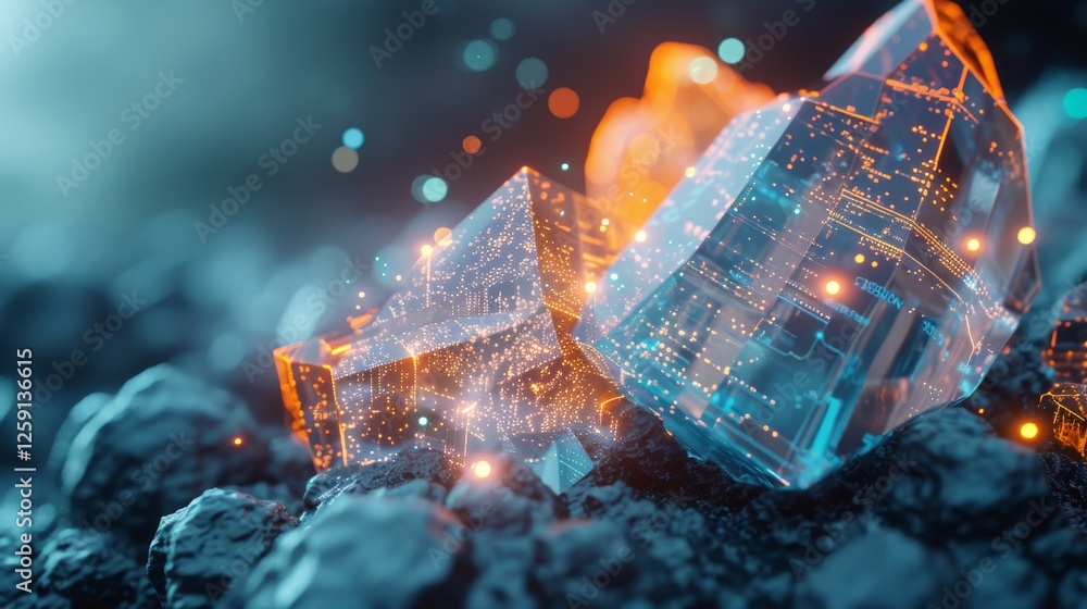 Poster a stunning visualization of futuristic glowing crystals embedded with intricate digital circuitry, r
