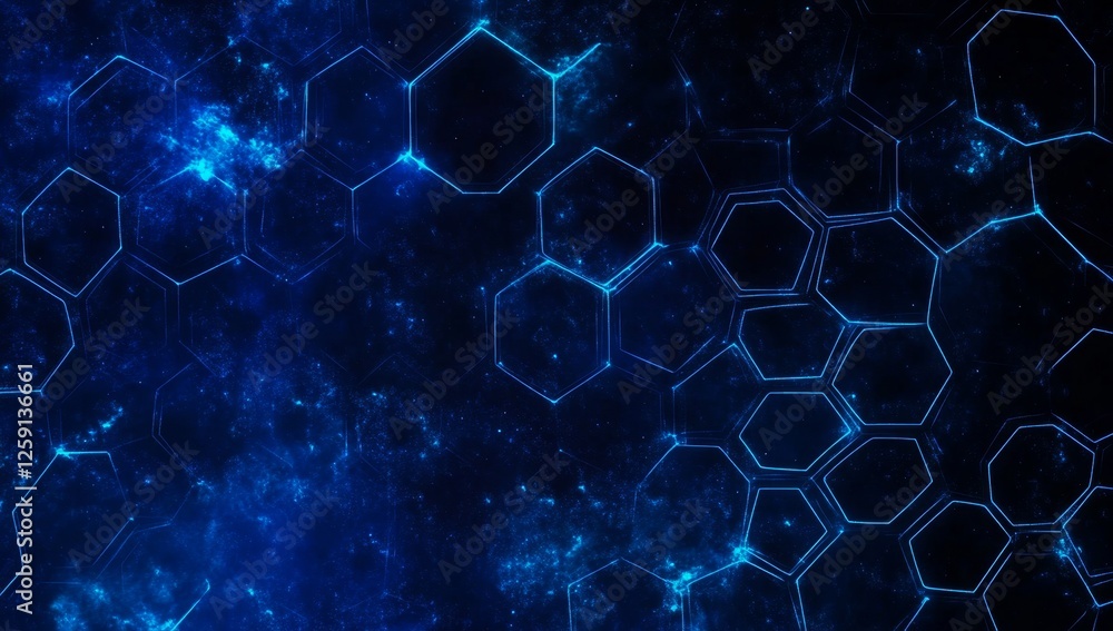Poster abstract hexagonal network background with glowing particles