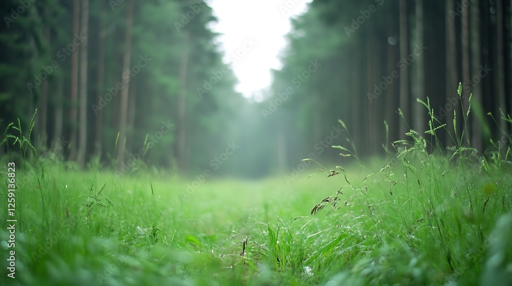 Aufkleber lush green forest pathway captured in misty atmosphere to evoke feelings of adventure and nature : g