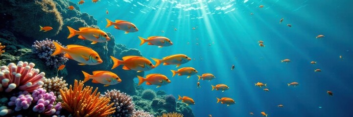Fototapeta premium School of colorful fish swimming together in the ocean, sea creatures, ocean scenery, coral reef