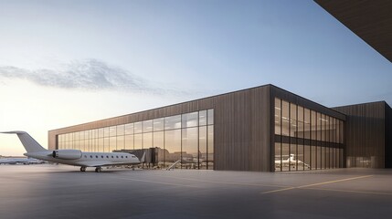 Obraz premium Modern airport terminal with large glass windows showing a parked airplane at the gate.
