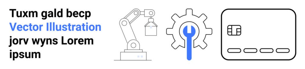 Robotic arm operating, gear with a blue wrench, and a credit card icon. Ideal for automation, technology, engineering, e-commerce, finance mechanical repair and digital transactions. Landing page