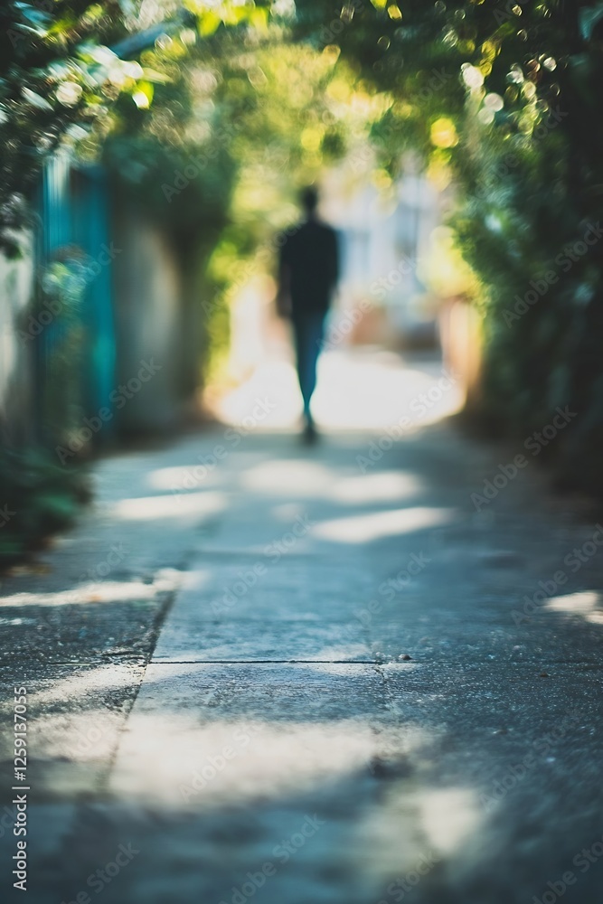 Aufkleber blurred figure walking down a bright path surrounded by greenery : generative ai