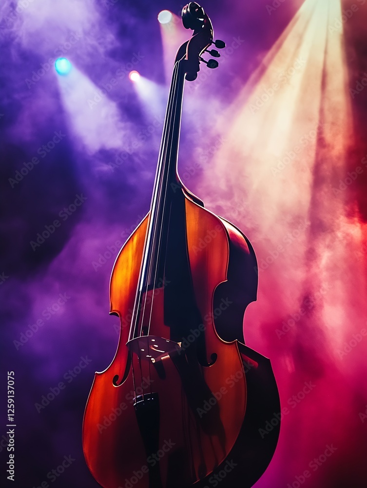 Poster elegant standalone double bass in a colorful stage lighting : generative ai
