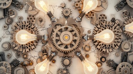 A mesmerizing steampunk-inspired illustration featuring glowing light bulbs surrounded by interlocking gears. The intricate mechanical details and warm lighting evoke a sense of vintage industrial