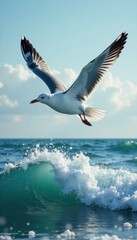 Fototapeta premium Seagull flying over waves, flying, bird, sea