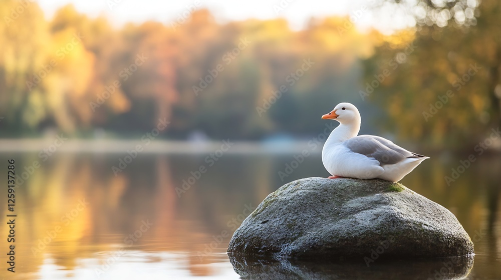 Aufkleber Duck resting on a rock during autumn at tranquil lake with colorful tree reflections : Generative AI