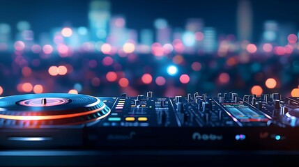 Dj Mixer In Night City Skyline Panorama