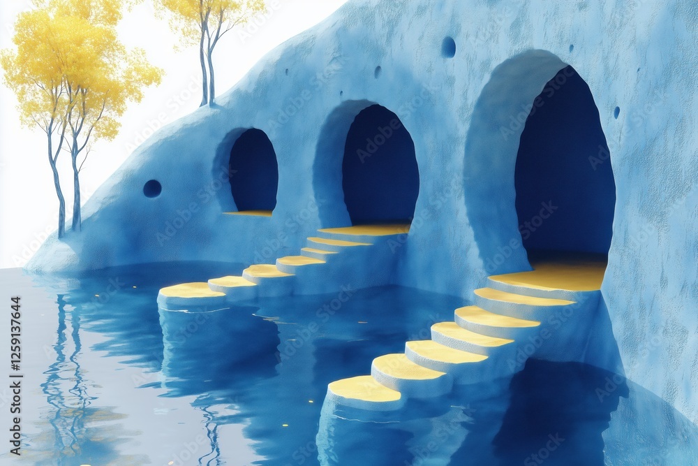 Poster a surreal landscape featuring blue caves with yellow steps leading into calm water. trees with golde