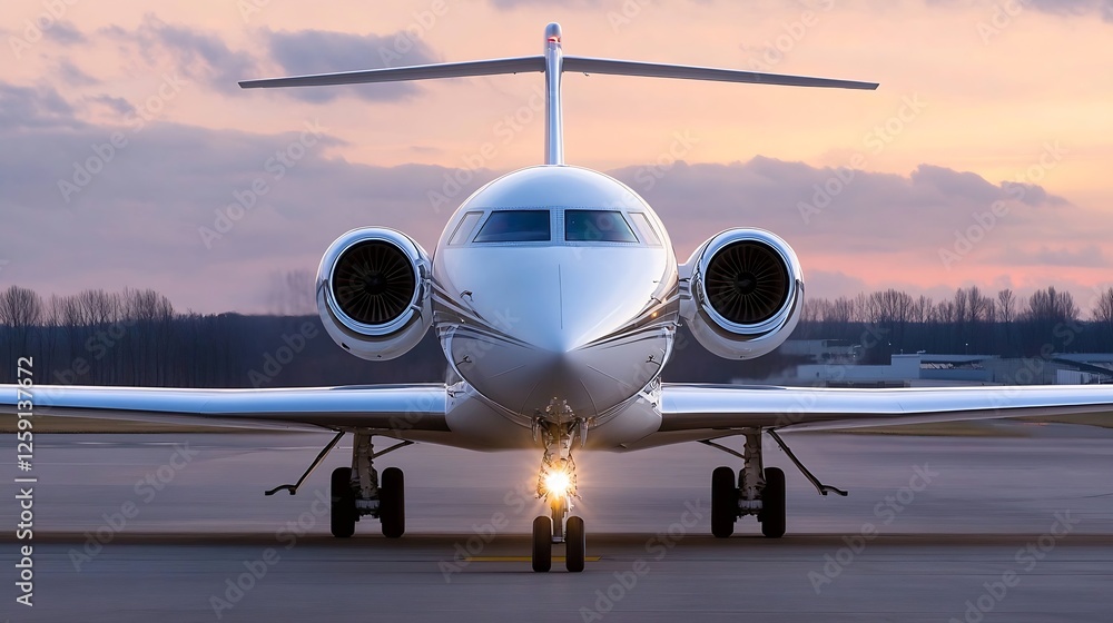 Aufkleber sleek white business jet at dusk with dramatic clouds and scenic runway background : generative ai