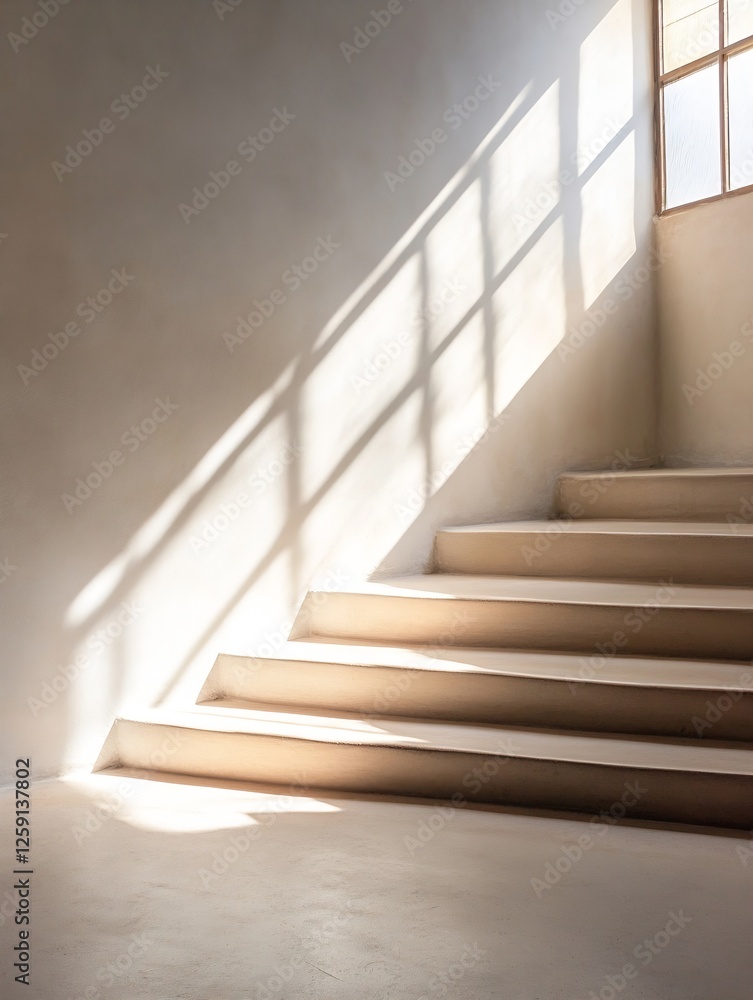 Poster minimalist white staircase with natural light streaming through the window : generative ai