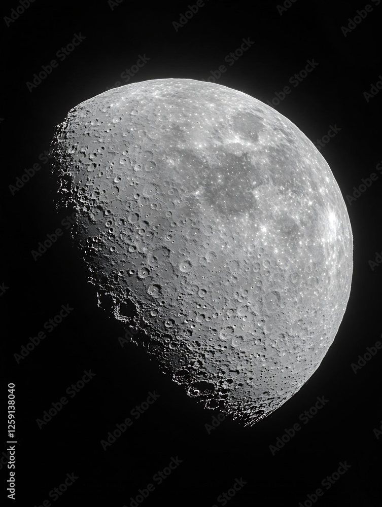 Poster Close-Up of Moon Surface in Black and White Showing Craters and Texture : Generative AI