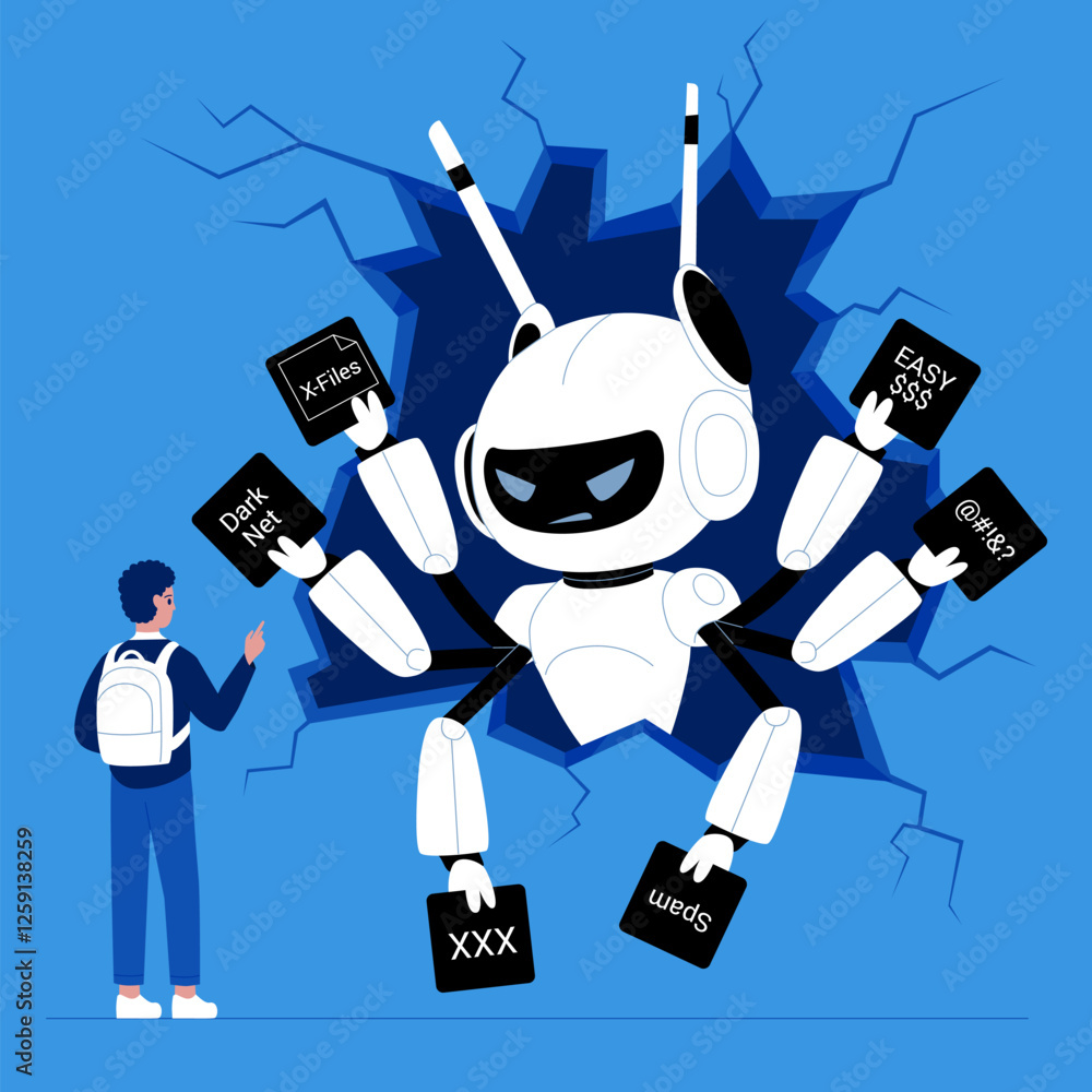 Poster fake news, false information and unethical bad support in chatbot mobile app. angry robot with many 