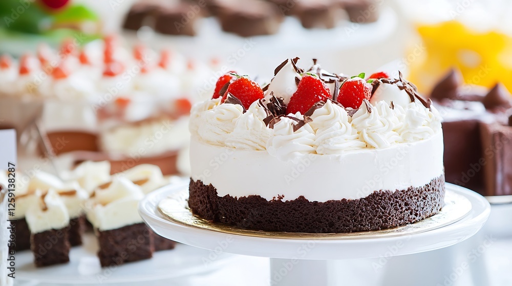 Poster decadent vanilla and chocolate cake adorned with fresh strawberries and whipped cream : generative a