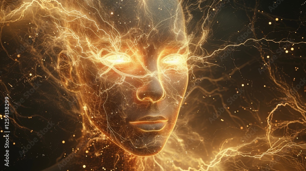 Aufkleber a surreal digital face illuminated by golden energy lines, symbolizing artificial intelligence and a