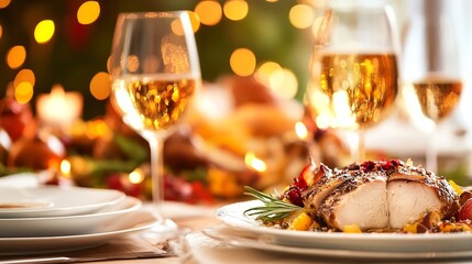 Elegant holiday dinner table setting adorned with savory roasted chicken sparkling wine in cozy festive atmosphere : Generative AI