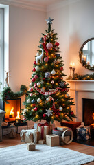 Obraz premium New year tree in scandinavian style interior with christmas decoration and fireplace, close-up. with white shades