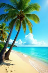 Obraz premium Palm trees stand tall on a warm sandy beach, with turquoise water gently lapping at the shore , beach scenery , vintage tone, tropical ocean beach